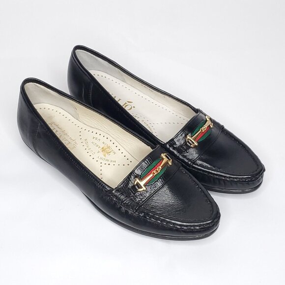 Womens Horsebit Loafers Sz 7.5 Wide Black Goldtone Point Toe Flats Preppy - Picture 1 of 10